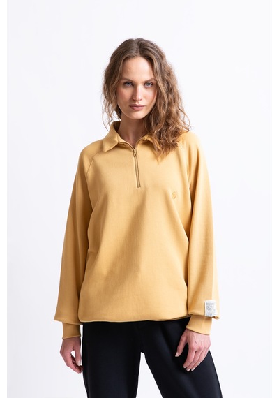 Polo Yaka Fermuarlı Organik Pamuklu Sweatshirt Hardal