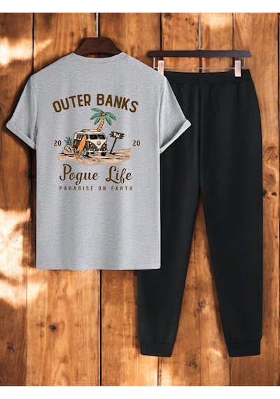 Uyguntarz Unisex Outer Banks Tasarım Basklı Tshirt Eşofman Takımı Gri