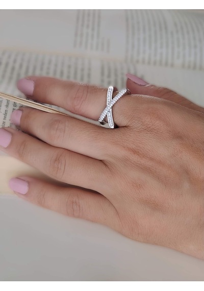 Çarpı X Asimetrik Model Zirkon Taşlı Ayarlanabilir Silver Gümüş Renkli Yüzük Silver