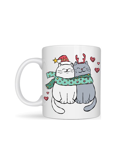 Hemengo Sevimli Kedi Figürlü Yılbaşı Temalı Porselen Kupa Model 75 Aşık Kediler Desenli, Sıcacık Tasarım, Diğer