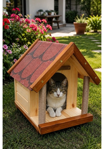 Reyo Narım Kedi Evi, Kedi Kulübesi, Kedi Barınağı, Özel Üretim 60x52x35 Cm Monteli Teslimat