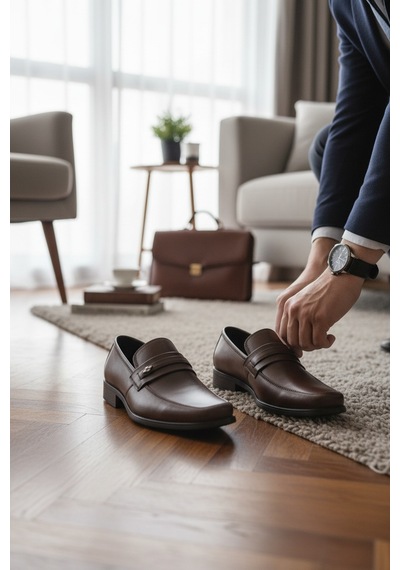 Noch Erkek Hakiki Deri Bant Detaylı Klasik Ofis Ayakkabısı Loafer Kahverengi