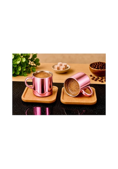 Aynalı Borosilikat Cam Türk Kahvesi Fincan Seti,kırmızı,2x125ml Bambu Tabaklı, Isıya Dayanıklı Pembe