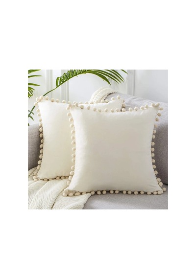 Ponponlu Dekoratif Kırlent Kılıfı 2 Adet 50x50 Cm Krem