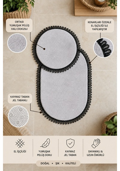 El Yapımı Bohem Banyo Paspası 2'li Peluş Kaymaz Jel Taban Yuvarlak 60x60 Cm Ve Oval 55x100 Cm Çok Renkli