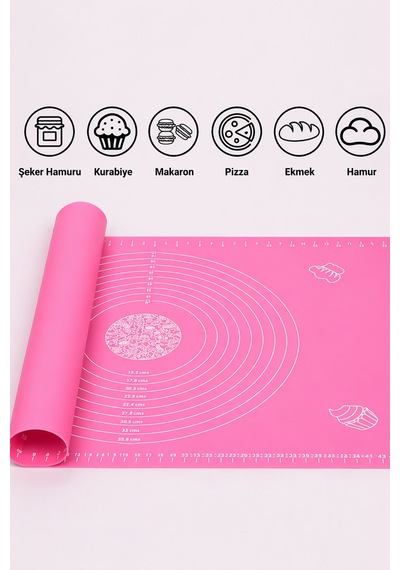 Silikon Hamur Açma Yoğurma Matı Skalalı Kaymaz Yapışmaz Kolay Temizlenebilir 40x50 Cm Pembe