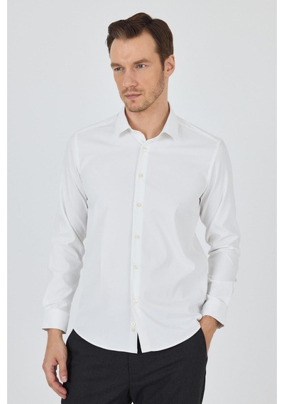 İmza Açık Krem Sert Yaka Cepsiz Gabardin Uzun Kol Slim Fit Esnek Gömlek 1004250234 Açık Krem