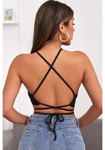 Alfa Aksesuar 03 Kadın Siyah Sırtı Açık Boyundan Çapraz Bağlamalı Crop Top Bluz