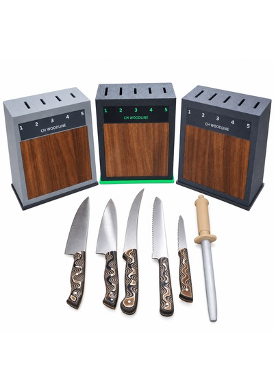 Ch Woodline 4116 Alman Çeliği 5 Li Şef Bıçak Seti, Ceviz Ön Yüzlü Stand Ve 22 Cm Masat çok renkli