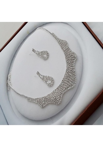 Ehediye Chavin Düğün Nişan Kına Damla Taşlı Kadın Kolye Küpe Set Eg90 Beyaz