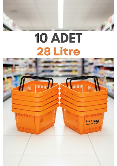 10 Adet - 28 Litre Plastik Market Alışveriş Sepeti Saplı Dayanıklı Market Mağaza El Sepeti Turuncu