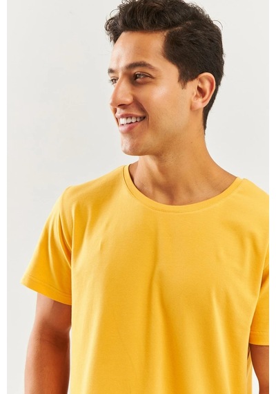 Erkek Oversize Rahat %100 Pamuklu Penye Bisiklet Yaka Kısa Kol Basic T-shirt HARDAL