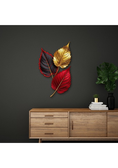 Altın Ve Kırmızı Üç Yaprak - Metal Tablo - Dec0265 48 X 80 Cm Çok Renkli