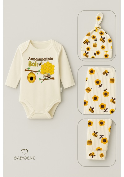 Babyden's Anneannesinin Balı 3 Lü Yenidoğan Takım Pamuklu Uzunkol Body,çiçek Arı Desenli Pantolon,bere Ekru