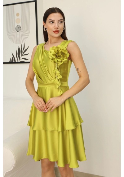 Lodmela Çiçek Detaylı Saten Elbise 2371-olive Olive