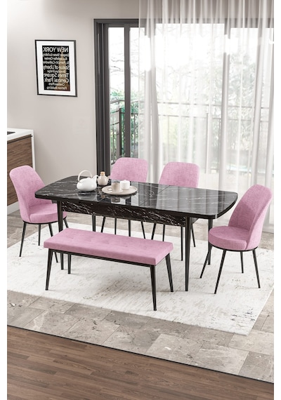 Canisa Zen Serisi 80x132 Mdf Açılabilir Siyah Mermer Desen Masa Takımı 4 Pembe Sandalye Ve 1 Bench Masa Siyah Mermer Desen Sandalye Pembe Canisa Zen Serisi 80x132 Mdf Açılabilir Siyah Mermer Desen Masa Takımı 4 Pembe Sandalye Ve 1 Bench Masa Siyah Mermer Desen Sandalye Pembe