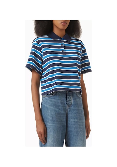 Enandı Çizgili Terry Kumaş Cropped Polo Tişört, Modern Kesim Ve Rahat Yapı Mavi