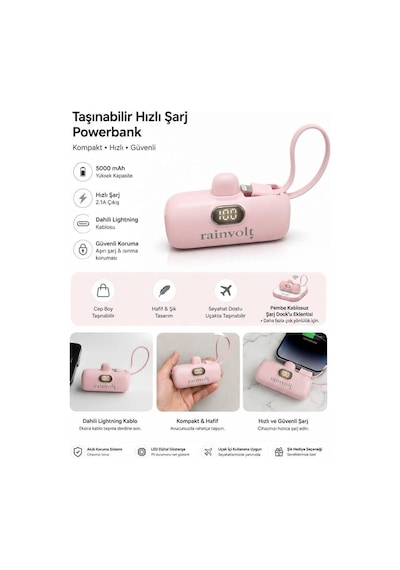 Rainvolt Mini Kapsül Powerbank Led Dijital Göstergeli & Dahili Kablolu Taşınabilir Şarj Cihazı Pembe