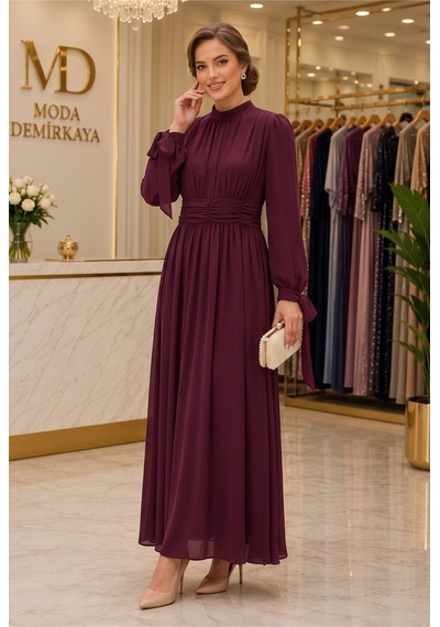 Dorne Moda Lila Büzgülü Ve Pileli Şifon Astarlı Nişan Ve Mezuniyet Elbisesi Bordo Bordo