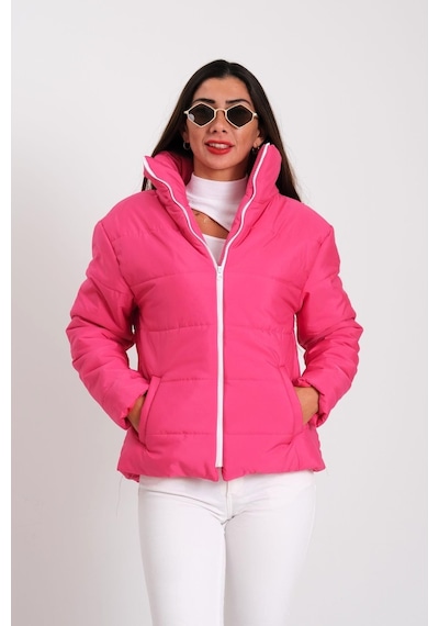 Keyifli Moda Kadın Fuşya Dik Yaka Su Geçirmez Tasarım Şişme Mont-fuşya Fuşya