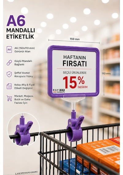 A6 Fiyatlık Mandallı Etiketlik Sepet Raf Askılık Fiyat Etiketi Çerçeveli Market Mağaza Mor