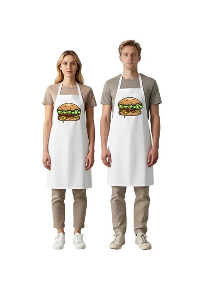 Unisex Mutfak Aşçı Önlüğü Hamburger Para Baskılı Komik Tasarım Gü Beyaz