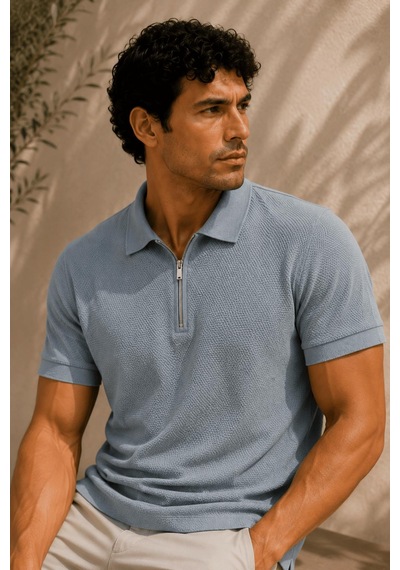 Alexandergardi Kısa Kollu Fermuarlı Polo Yaka T-shirt Mavi