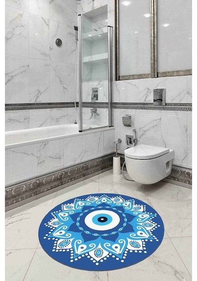 Mavi Nazar Boncuklu Yuvarlak Banyo Klozet Paspas Seti Bs289n11