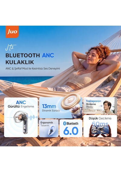 Juo Jt2 Bluetooth 6.0 Tws Kablosuz Kulak İçi Kulaklık 4 Mikrofonlu Anc Enc Gürültü Engelleme 13mm Sürücü Siyah