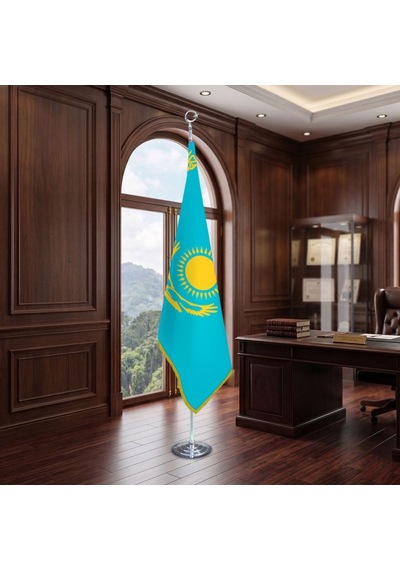 Kazakistan Direkli - Altın Saçaklı Saten Makam Bayrağı Seti Krom Direk Diğer