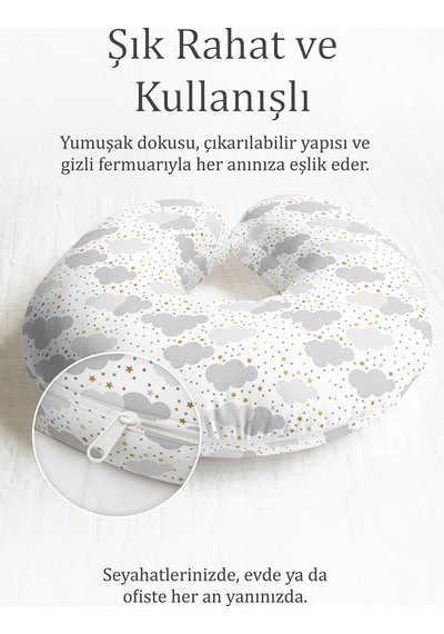 Bulut Desenli Pamuklu Boyun Yastığı - Yıldızlı Gri Sarı Modern Seyahat Yastığı Soluk Sisli Turkuaz
