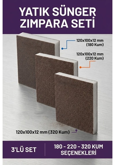180-220-320 Kum Sünger Zımpara Seti Yatık Ped 3'lü Paket 120x100x12 Mm El Zımparası