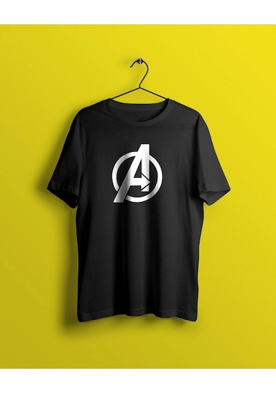 Unisex Beyaz Avengers Baskılı T-shirt Siyah