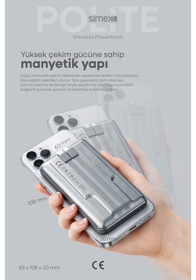 Simex 10.000mAh MagSafe Powerbank 15W Wireless / 22.5W Hızlı Şarj - Dahili Type-C Lightning Kablolu S-38