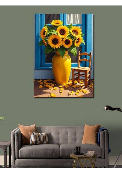 Kanvas Tablo Mavi Vazoda Günebakan Çiçekler 50cmx70cm