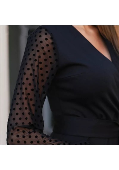 De'charme Kadın Uzun Kollu V Yakalı Kollar Puantiyeli Beli Kuşaklı Midi Krep Elbise Siyah