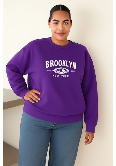 Benroma Brooklyn Baskılı Büyük Beden Unisex Sweatshırt Mor