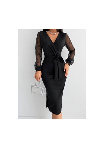Butik İstanbul Kadın Uzun Kollu V Yakalı Kollar Puantiyeli Beli Kuşaklı Midi Krep Elbise Siyah Butik İstanbul Kadın Uzun Kollu V Yakalı Kollar Puantiyeli Beli Kuşaklı Midi Krep Elbise Siyah