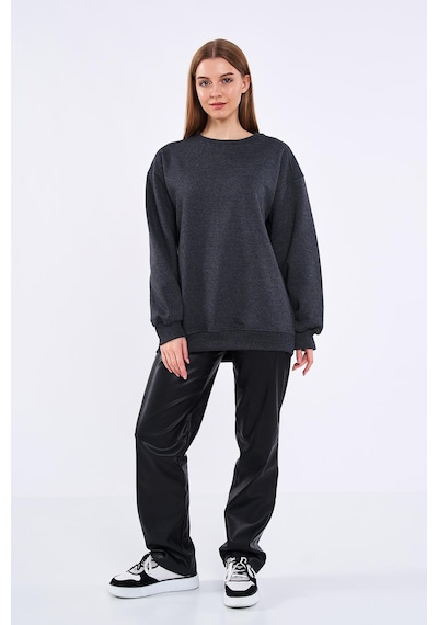 MMetalic Antrasit Kadın Pamuklu Oversize Basic Bisiklet Yaka Sweatshirt Antrasit