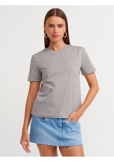 Dilvin Pamuklu Bisiklet Yaka T-shirt Gri