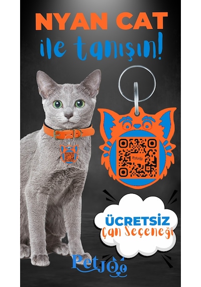 Petjoo 2.Nyan Cat Mavi-Turuncu Qr'lı Kedi Künyesi