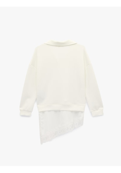 Koton Uzun Kollu Polo V Yaka Dantelli Etek Ucu Detaylı Sweatshirt Beyaz 6sak10170ek Beyaz