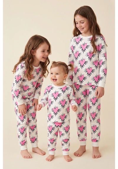 Zuzunga Kız Çocuk Pembe Kalp Desenli Uzun Kollu Pijama Takımı Beyaz-pembe