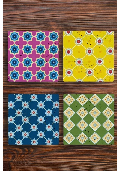 Doğal Taş Bardak Altlığı 4'lü Set - Renkli Desenler Baskılı - Çok Renkli