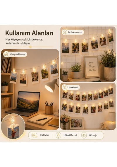 Led Işıklı Fotoğraf Asma Mandalları Pilli Animasyonlu 10 lu 1,5 Metre Zincir Dekoratif Aydınlatma