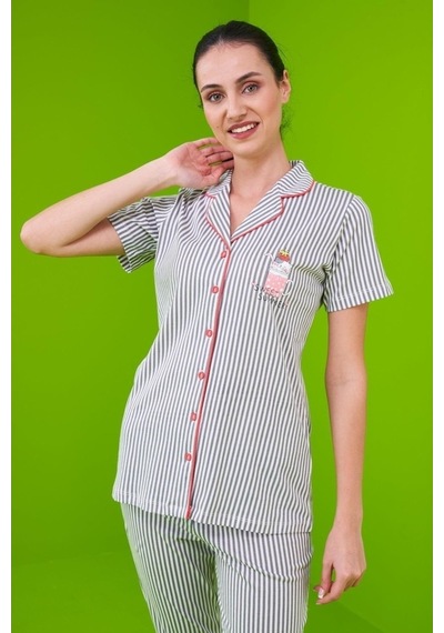 Pjs 23151 Kadın Çizgili Düğmeli Pijama Takım