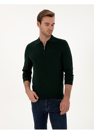 Cacharel Zümrüt Regular Fit Yün Karışımlı Fermuarlı Polo Yaka Basic Triko Kazak Yesıl