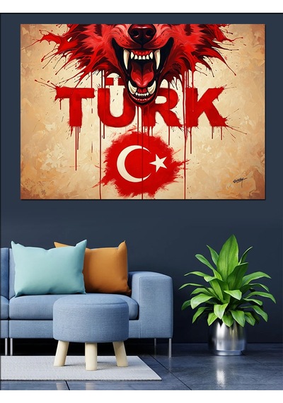 Türkiye Kalp Logo Kurt İllüstrasyon Dekoratif Kanvas - Mdf Ahşap Tablo