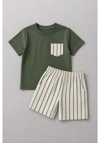 Eray Alp Kids Erkek Çocuk Haki Cepli Tişört Çizgili Şort Takımı Yazlık Günlük Model