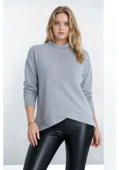 Mamayaga Kadın Yarım Dik Yaka Asimetrik Kesim Uzun Kol Büyük Beden Curve Sweatshirt Gri